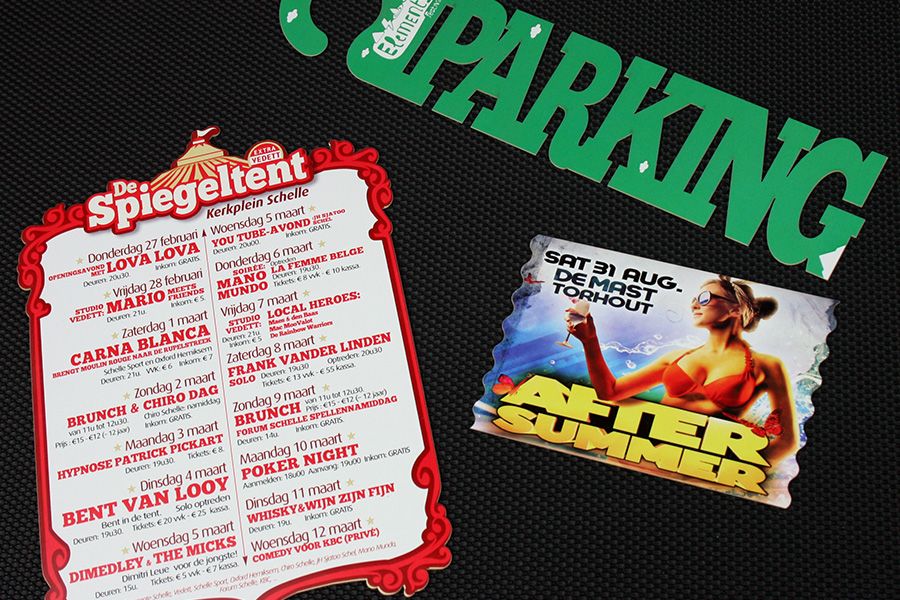 allerlei drukwerk in vorm uitgesneden via lasergravure van parkeerbewijzen tot reclame-flyer en inkomticket